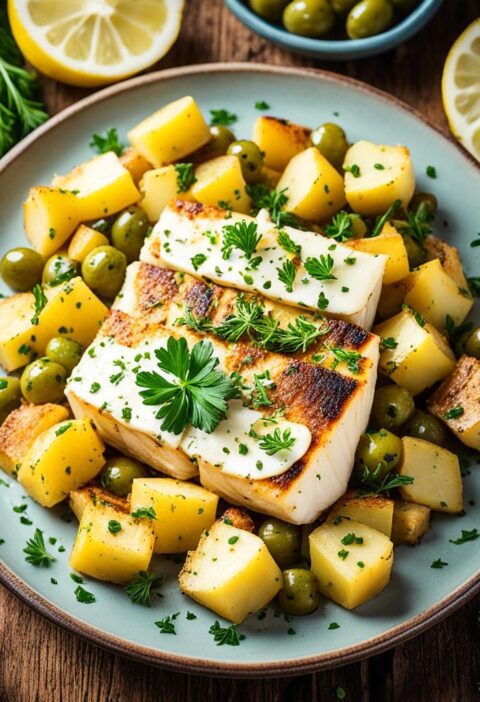 Bacalhau com batatas e azeitonas