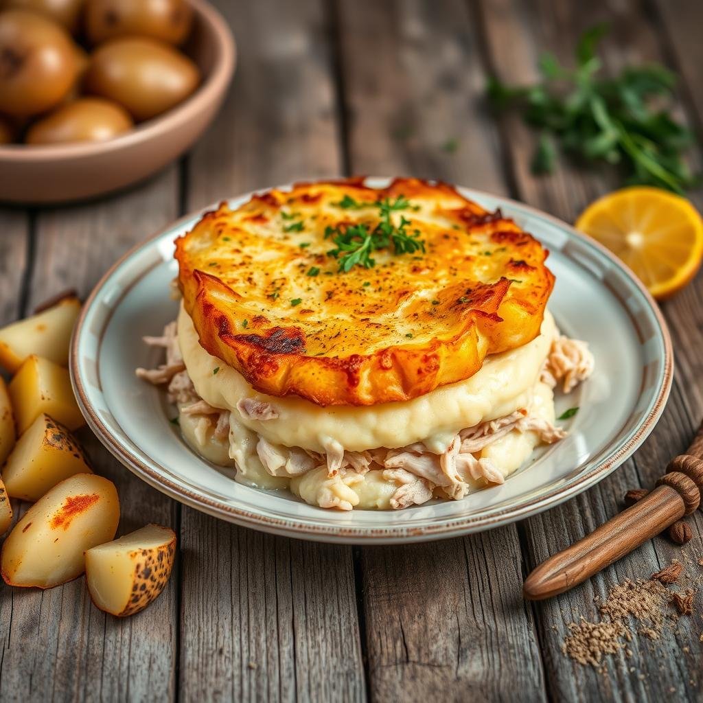 montagem escondidinho de batata e frango