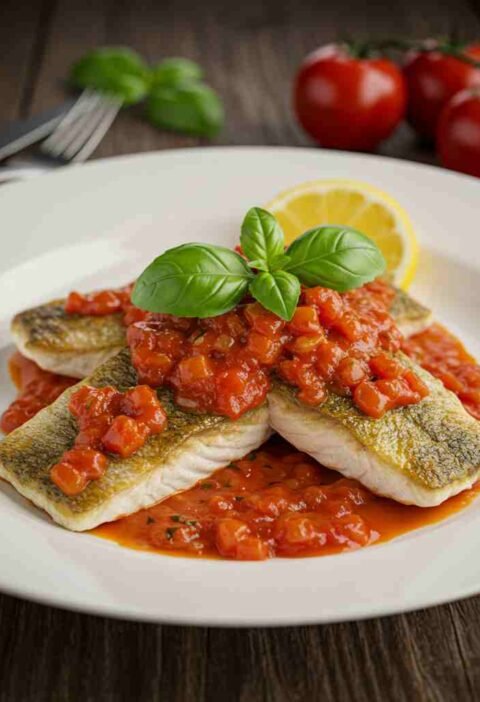 Peixe ao molho de tomate e manjericão