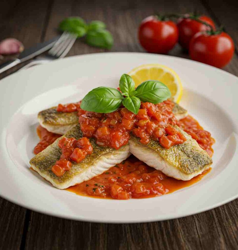 Peixe ao molho de tomate e manjericão